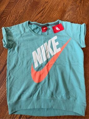 Nike women’s Short Sleeve Sweatshirt - Teal with Coral Swoosh